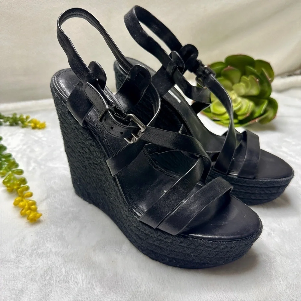 Vera Wang Lavender Leather Jute Criss Cross Espadrille Style Wedges in Black 8.5
